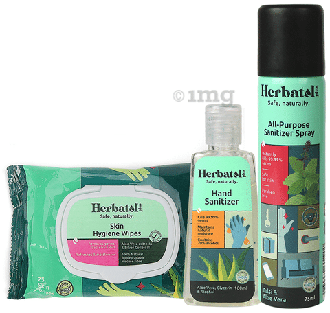 Herbatol Plus Combo Pack of Skin Hygiene 25 Wipes, Hand Sanitizer 100ml & All-Purpose Sanitizer Spray 75ml