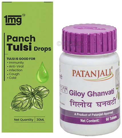 Immunity Care Combo of 1mg Panch Tulsi 30ml Drops and Patanjali Ayurveda Giloy Ghanvati 60 Tablet