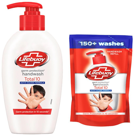 Lifebuoy Total 10 Activ Silver Formula Germ Protection Handwash 190ml with Refill Pouch 185ml Free