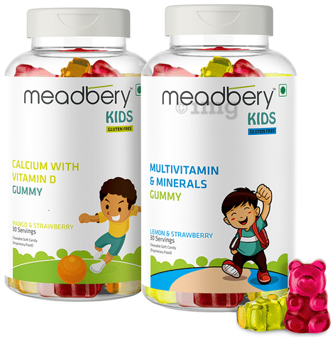 Meadbery Gluten Free Kids Combo Pack of Calcium with Vitamin D Gummy and Multivitamin & Minerals Gummy