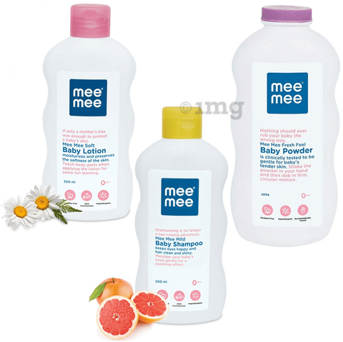 Mee Mee Combo Pack of Soft Baby Lotion 500ml, Mild Baby Shampoo 500ml & Fresh Feel Baby Powder 500gm