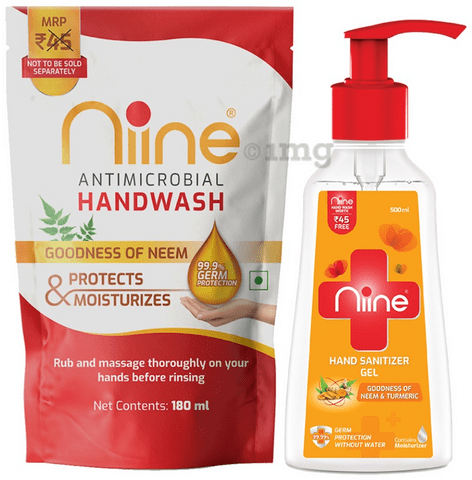 Niine Combo Pack of Hand Sanitizer Gel with Pump Bottle 500ml & Antimicrobial Handwash Refill 180ml