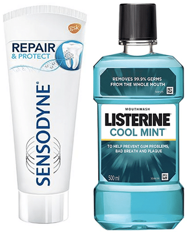 Oral Care Combo of Listerine Mouth Wash Cool Mint 500ml and Sensodyne Repair & Protect Toothpaste 100gm