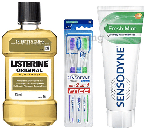 Oral Care Combo of Listerine Original Mouth Wash 500ml, Sensodyne Sensitive Soft Gentle on Teeth Toothbrush Buy 2 Get 1 Free and Sensodyne Fresh Mint Toothpaste 150gm