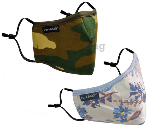 Pure & Safe White Floral Designer & Camouflage Designer Designer N 95 Face Mask - 5 Layered Reusable Anti Pollution Mask with Activated Carbon Filter