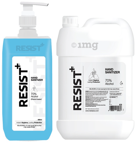 Resist+ Combo Pack of 70% Alcohol Hand Sanitizer 5Ltr Canister & 500ml Pump Bottle