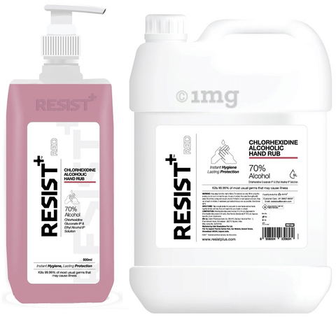 Resist+ Combo Pack of Chlorhexidine Alcoholic Hand Rub Sanitizer 5Ltr Canister & 500ml Pump Bottle