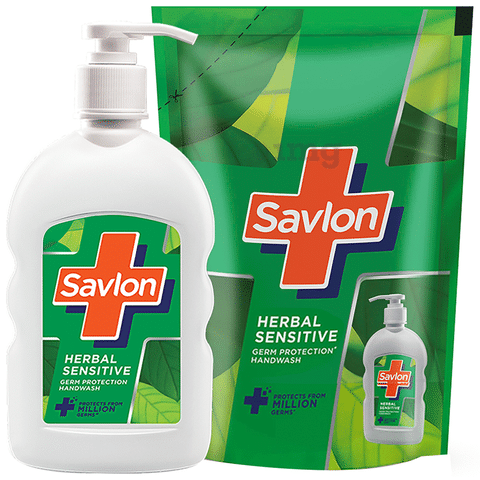 Savlon Combo Pack of Germ Protection Handwash 200ml & Refill Pouch 175ml Herbal Sensitive