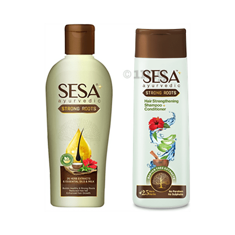 Buy Sesa Combo Pack of Ayurvedic Strong Roots Hair Oil 110ml & Strong Roots  Hair Strengthening Shampoo+Conditioner 200ml Online, View Uses, Review,  Price, Composition | SecondMedic