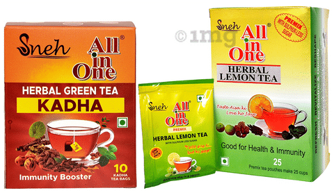 Sneh Combo Pack of All in One Kadha Herbal Green Tea (10 Tea Bags, 2.5gm Each) and Herbal Lemon Tea Premix with Sulphur-Less Sugar (25 Pouches, 10gm Each)