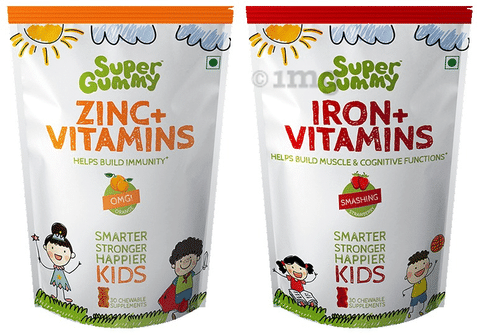 Super Gummy Combo Pack of Zinc+Vitamins Gummies OMG Orange & Iron+Vitamins Gummies Smashing Strawberry (30 Each)