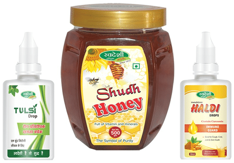 Swadeshi Combo Pack of Shudh Honey 500gm, Tulsi Drop 15ml & Haldi Drop 30ml with Digstv Amla Sweet Candy 100gm Free