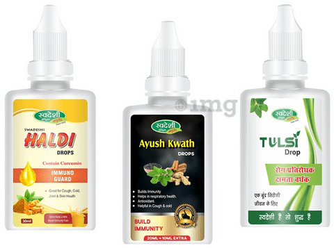 Swadeshi Covid Immunity Shield Combo Pack of Ayush Kwath Drops 30ml, Tulsi Drop 15ml & Haldi Drops 30ml with Digstv Amla Sweet Candy 100gm Free