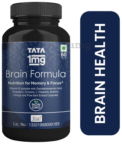 Tata 1mg Brain Formula with Vitamin B Complex, L-Tyrosine, L-Theanine, Brahmi, Ginkgo and Pine Bark Extract Capsule