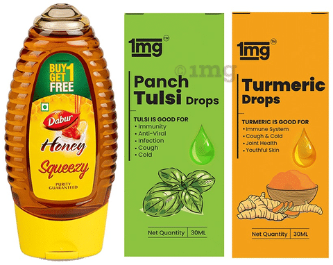 Warm Milk Mix Recipe of 1mg Turmeric Drops with Piperine 30ml, 1mg Panch Tulsi Drops 30ml and Dabur Honey Squeezy Buy 1 Get 1 Free 225gm