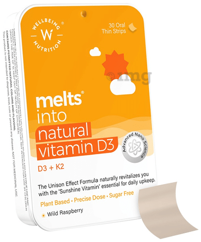 Wellbeing Nutrition Melts into Natural Vitamin D3 + K2 Oral Thin Strip Wild Raspberry Sugar Free