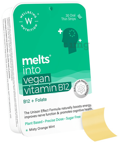 Wellbeing Nutrition Melts into Vegan Vitamin B12 + Folate Oral Thin Strip Misty Orange Mint Sugar Free